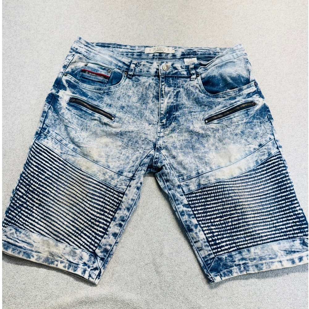 Akademiks Jeanius Mens 36 Acid Wash Denim Shorts Moto Ribbed Panel Zip‎ Pocket